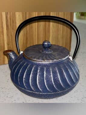 NAMI IWACHU Vintage Japanese Blue Cast Iron Wave Embossed Black Handle Teapot